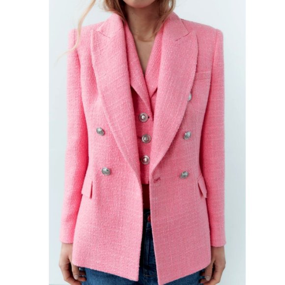 ZARA NEW WOMAN DOUBLE BREASTED TEXTURED WEAVE JACKET PINK 2324/687 7553/687 - Picture 9 of 11